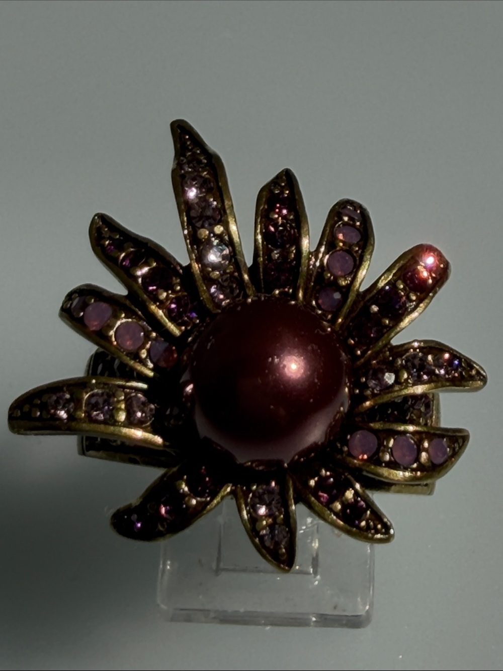 Heidi Daus Gold-Tone Purple Floral Ring with Crystals and Pearl Center